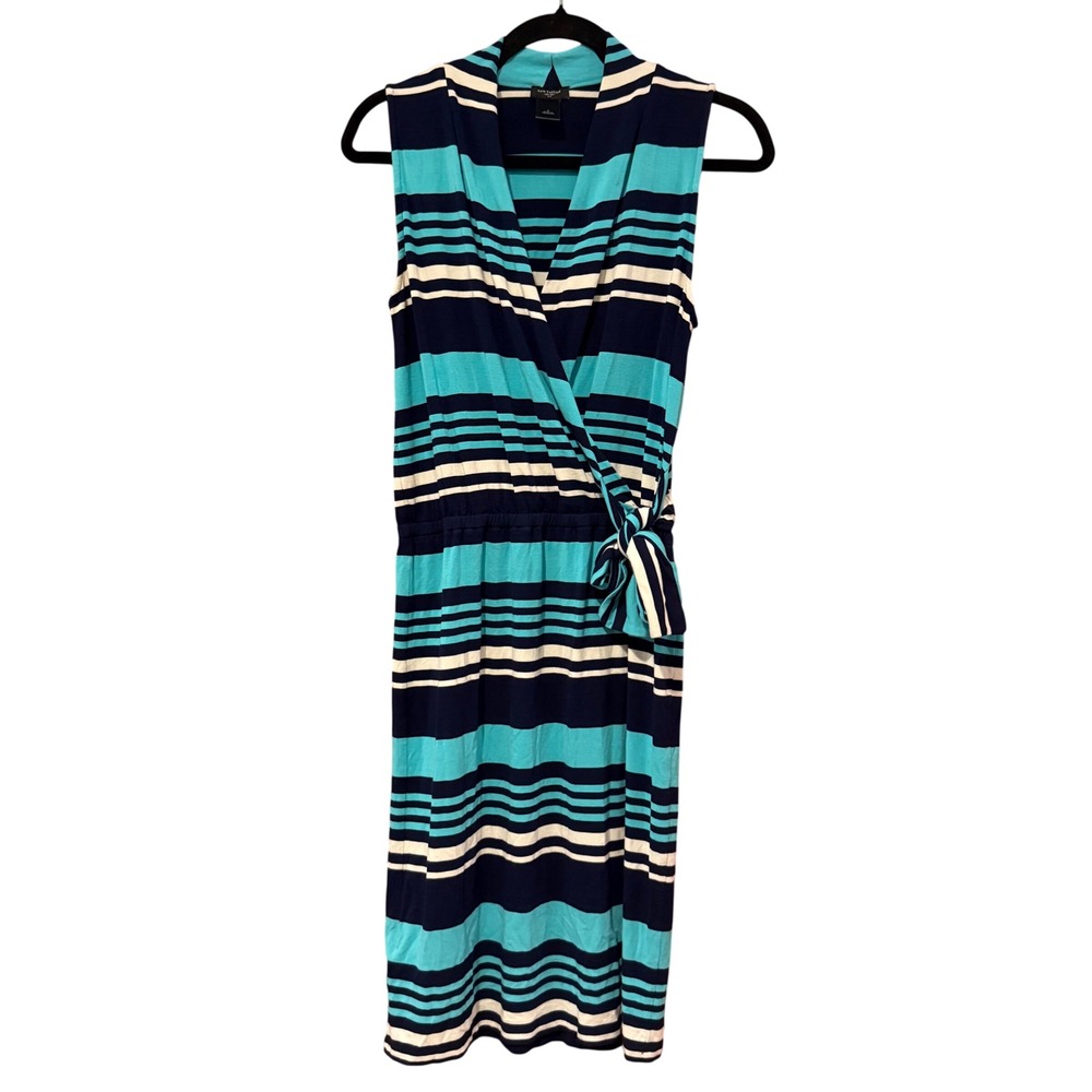 Ann‎ Taylor dress Small stripe faux wrap Navy aqua short